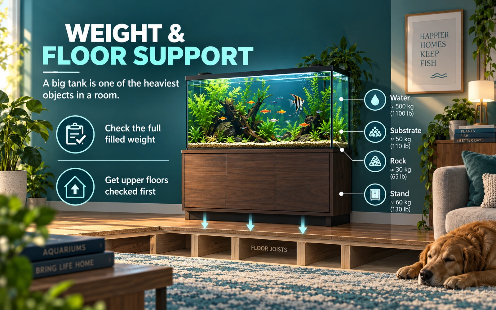 Infographic explaining aquarium filled weight and floor support, including water, substrate, rock, stand weight and upper-floor assessment.