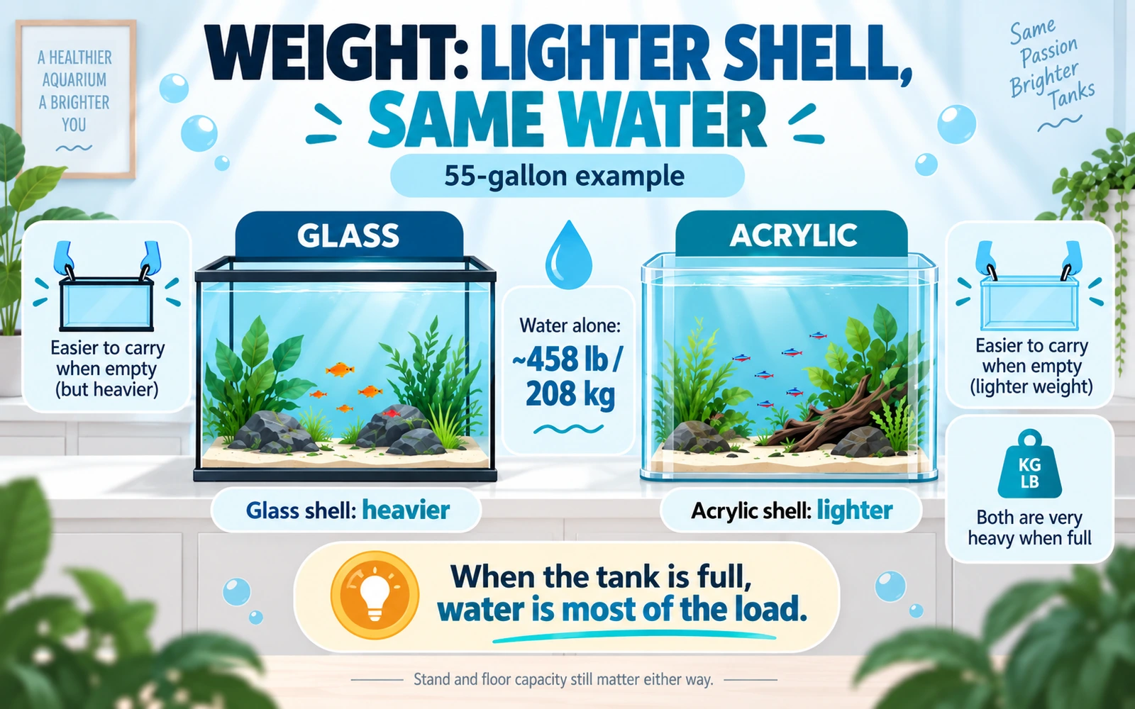 Infographic explaining that acrylic has a lighter shell than glass but the water weighs the same in either aquarium.