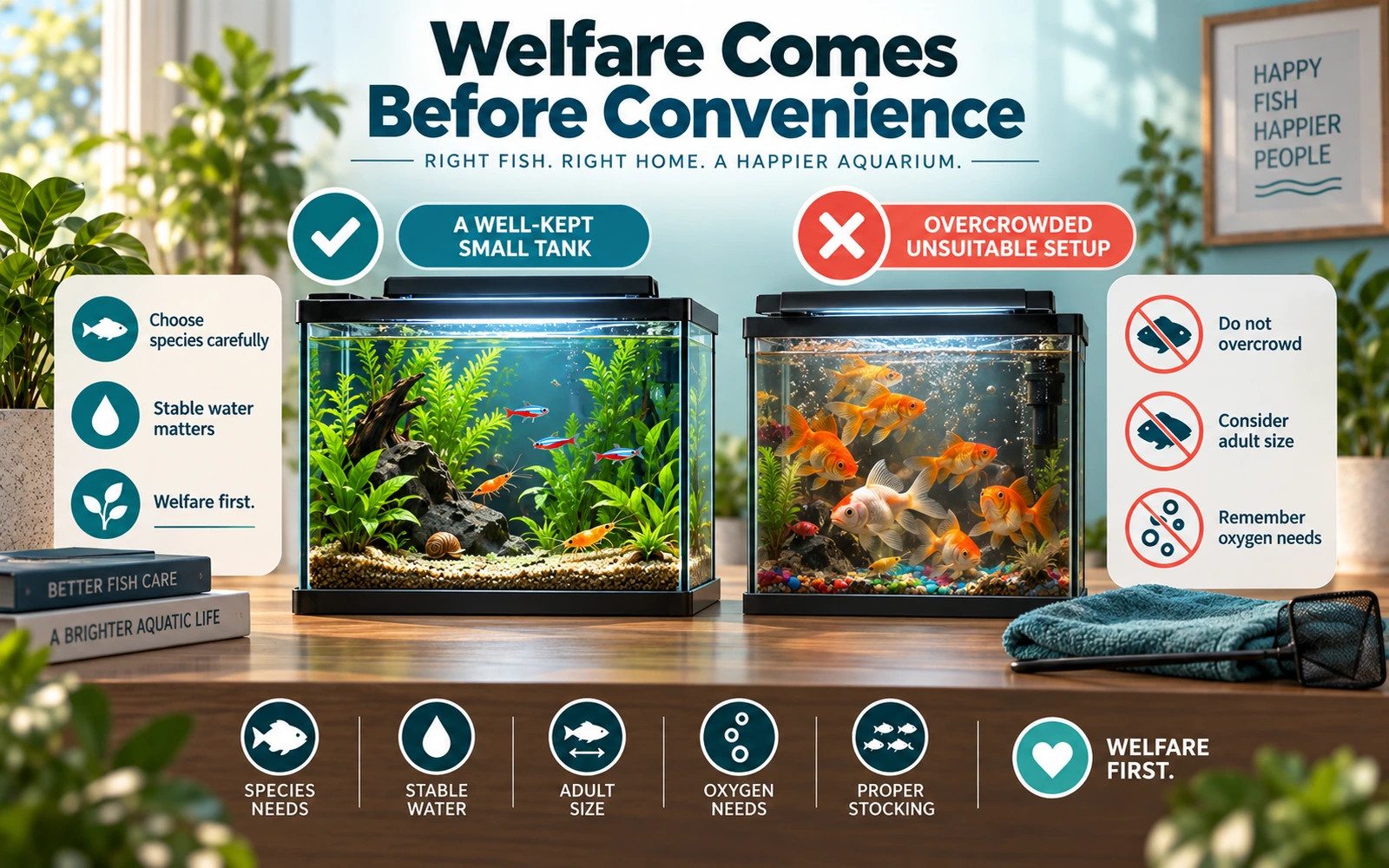 Aquarium welfare infographic contrasting an appropriately stocked small tank with an overcrowded unsuitable setup and emphasizing species needs, adult size and oxygen requirements.