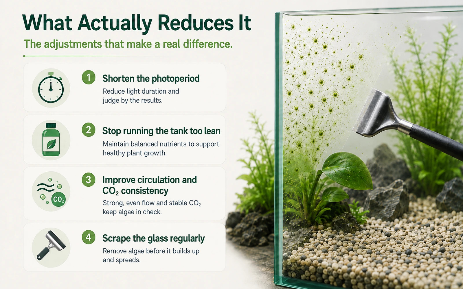 Minimalist aquarium infographic showing the main adjustments that reduce green spot algae: shorter photoperiod, balanced nutrients, better circulation, and regular scraping.