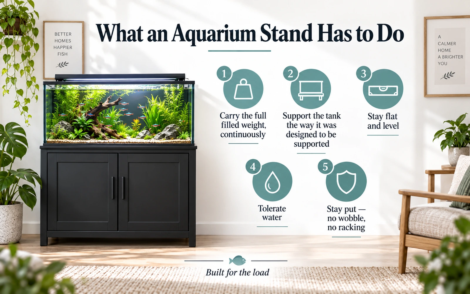 Infographic listing the core jobs of an aquarium stand: carrying the full weight continuously, supporting the tank correctly, staying level, tolerating water and resisting wobble.