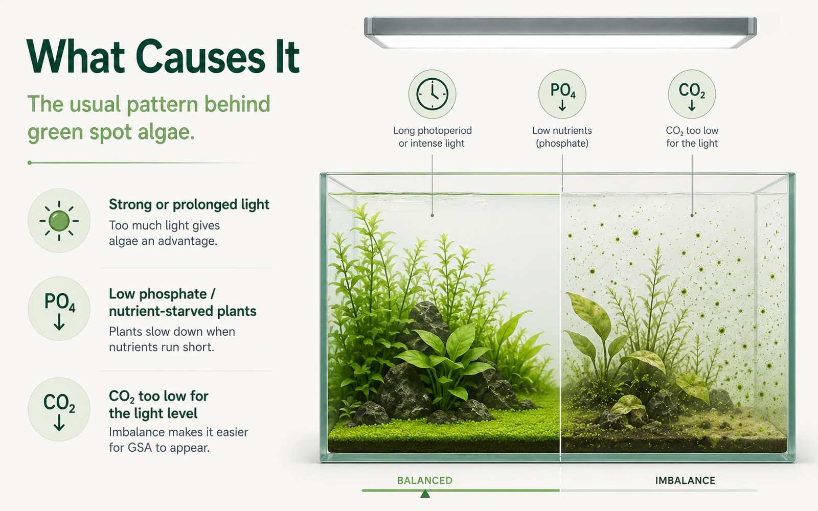 Minimalist aquarium infographic explaining that strong lighting, low phosphate, and insufficient carbon dioxide relative to light can lead to green spot algae.