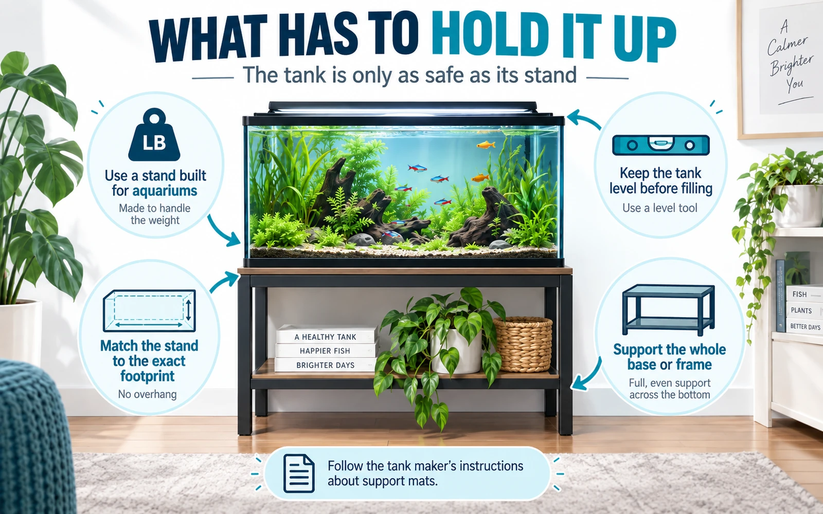 Infographic explaining aquarium stand safety, including load rating, full support and level placement.