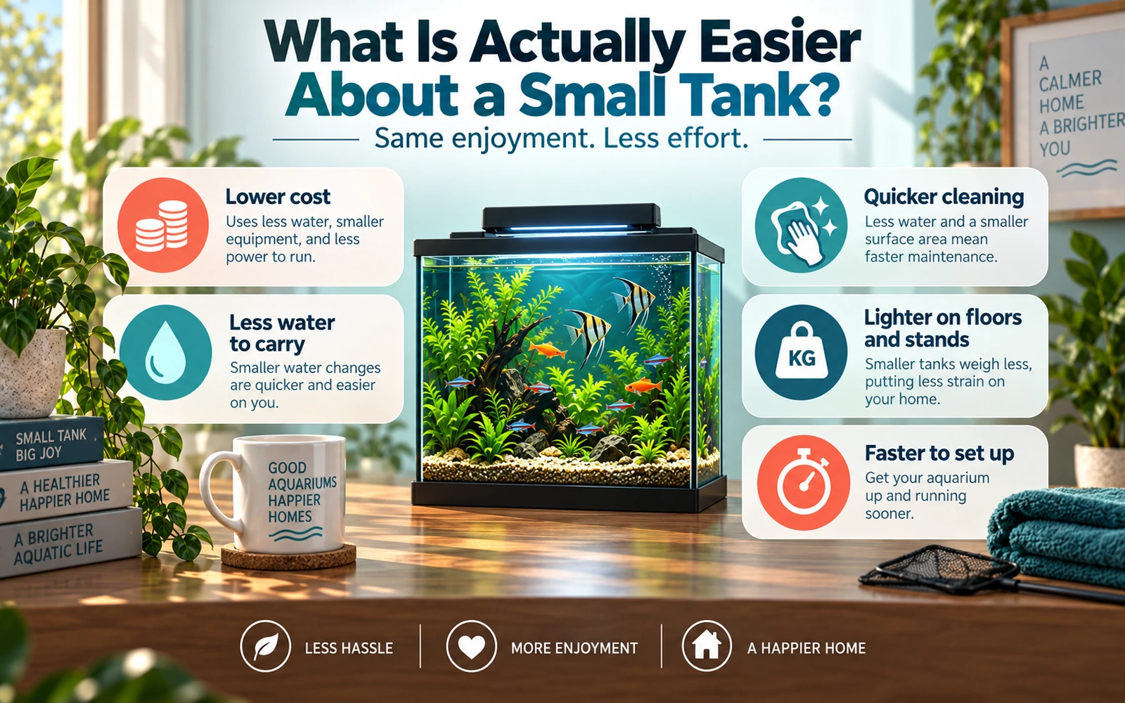 Infographic showing the practical advantages of small aquariums, including lower cost, less water to carry, faster cleaning, lower floor load and quicker setup.