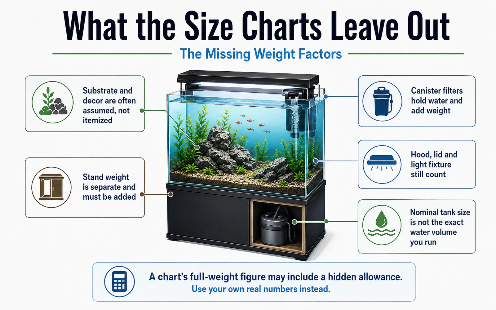 Infographic explaining aquarium weight factors commonly omitted from generic size charts, including stand, filter, hood and actual water volume.