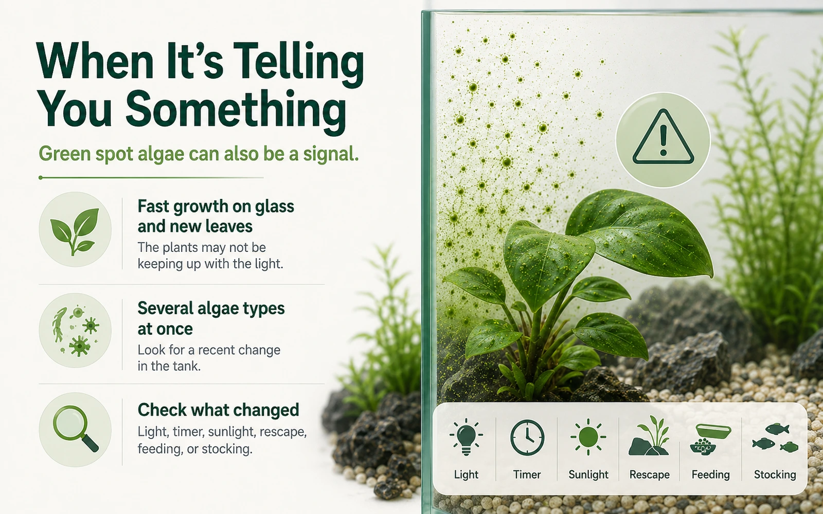 Minimalist aquarium infographic showing that fast-spreading green spot algae or several algae types at once can signal a recent change in tank conditions.