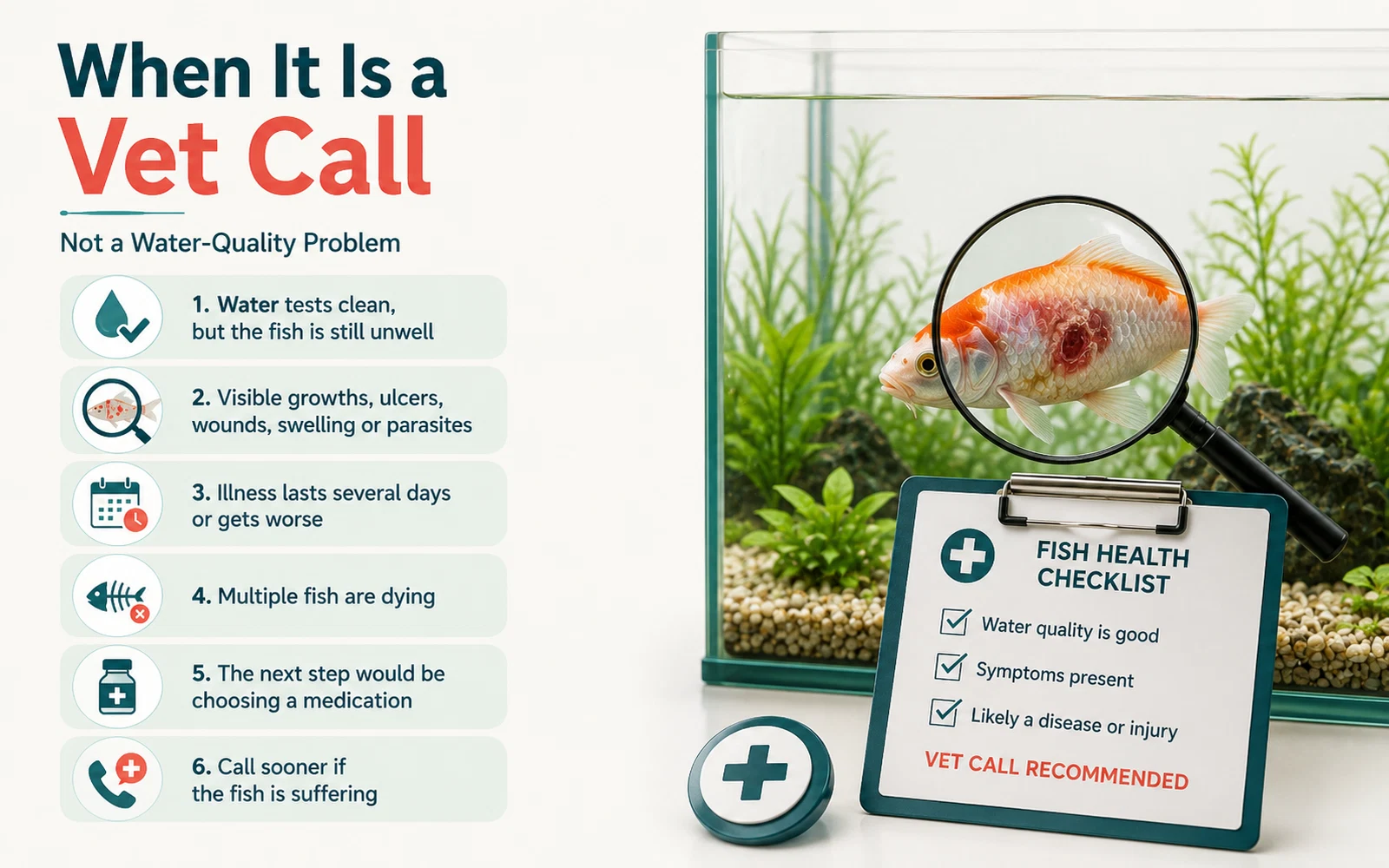 Infographic listing the signs that an aquarium problem has crossed the line from water quality troubleshooting to a veterinary case.