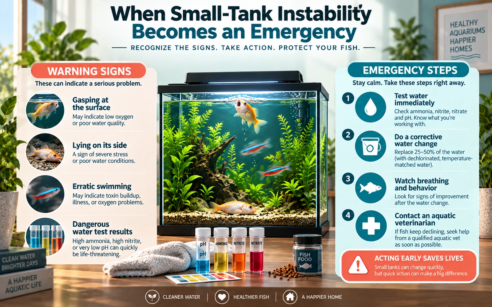 Aquarium emergency infographic showing warning signs such as gasping, lying on the side and erratic swimming, plus immediate steps to test water and seek veterinary help if needed.