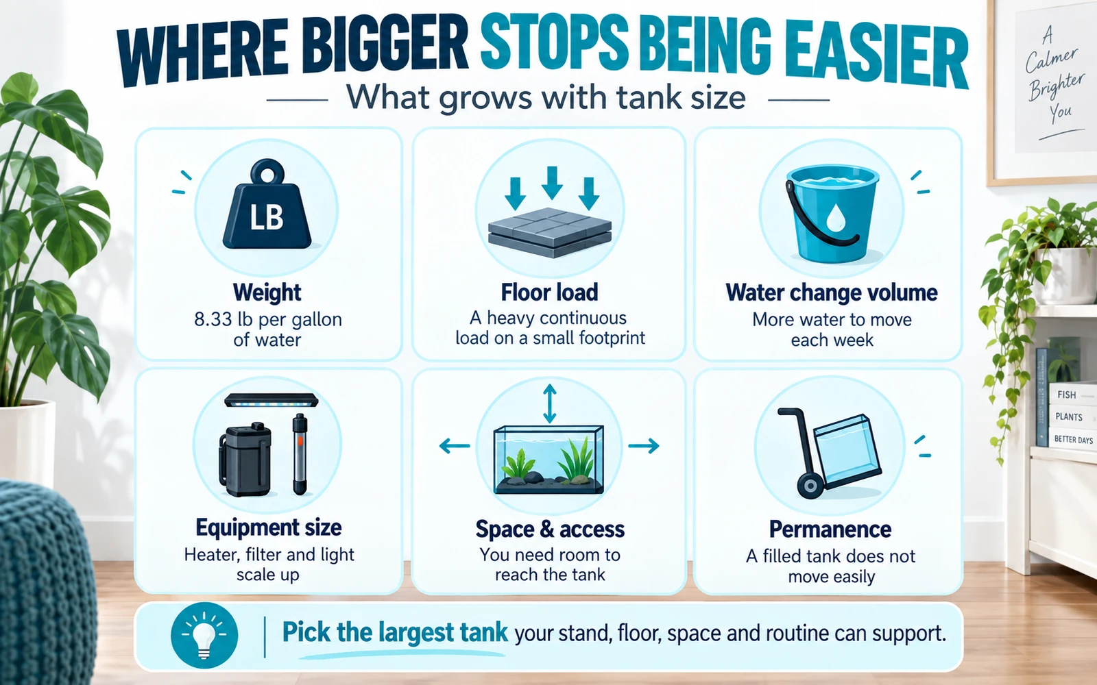 Infographic outlining the physical limits of larger beginner aquariums, including weight, floor load, equipment size and access.