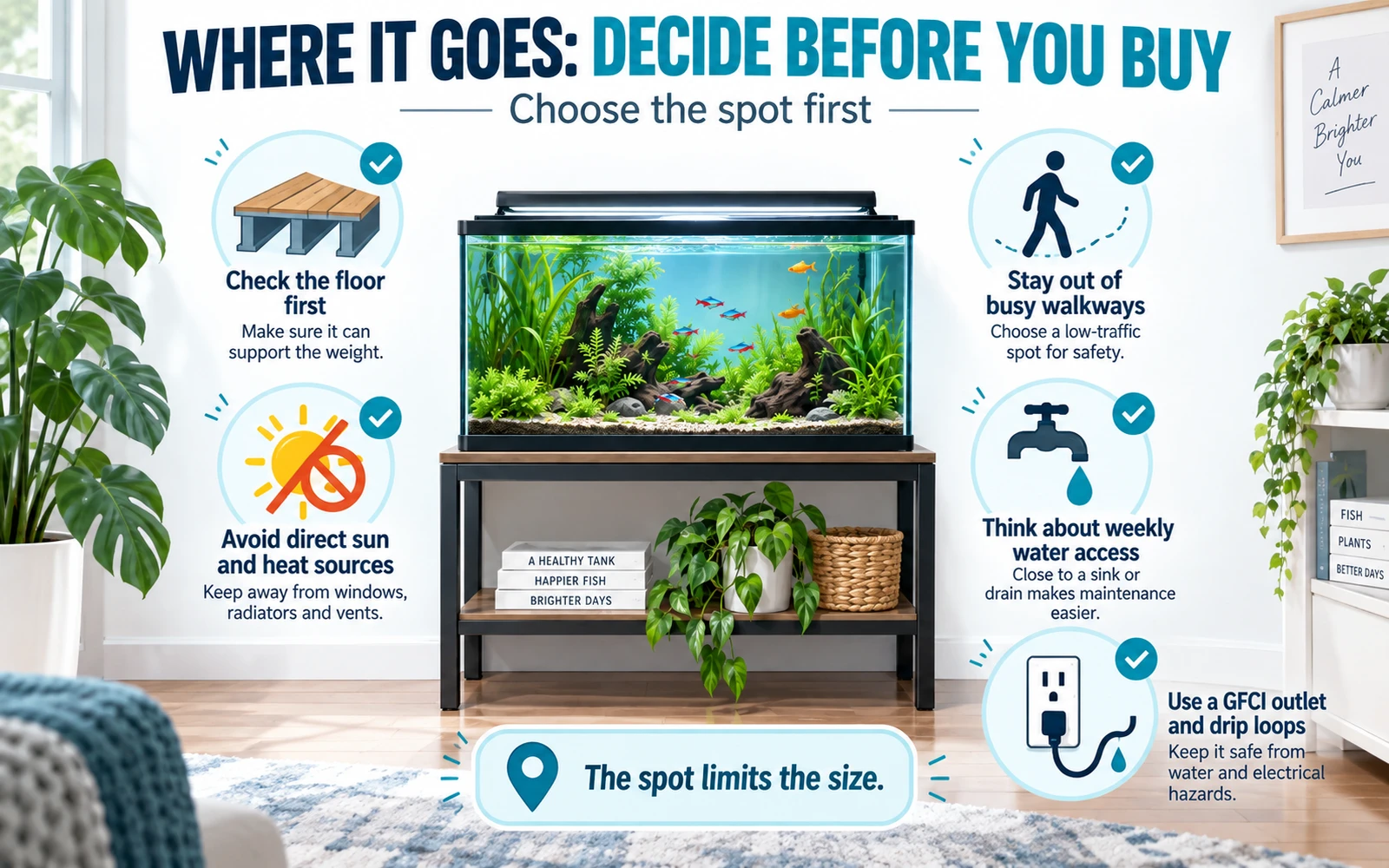 Aquarium placement infographic covering floor concerns, sunlight, traffic, water access and safe power placement.