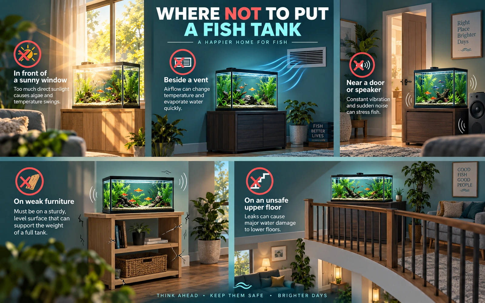 Infographic showing aquarium locations to avoid, including sunny windows, vents, doors, speakers, weak furniture and unsupported upper floors.