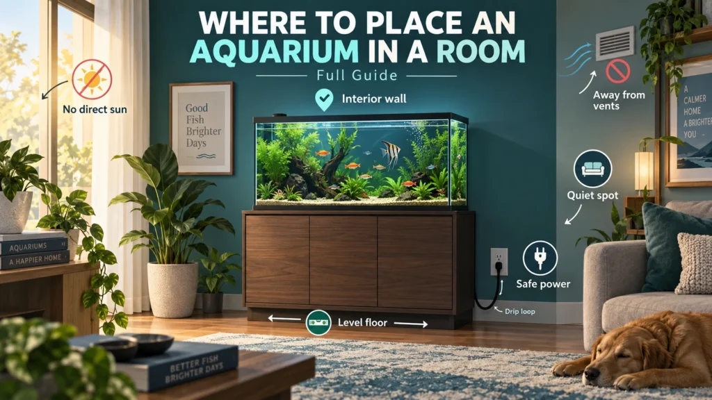 Featured infographic showing where to place an aquarium in a room, including avoiding direct sun and vents, using an interior wall, a level floor, safe power and a quiet location.