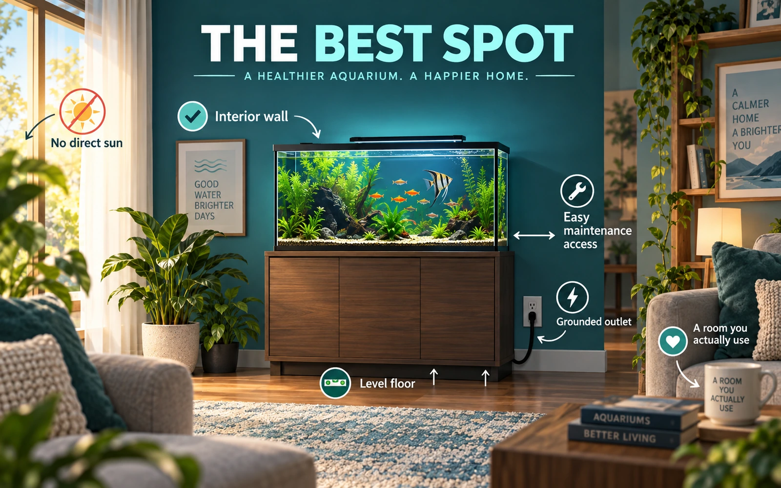 Infographic showing the ideal aquarium location in a room with an interior wall, no direct sun, level floor, grounded outlet and maintenance access.