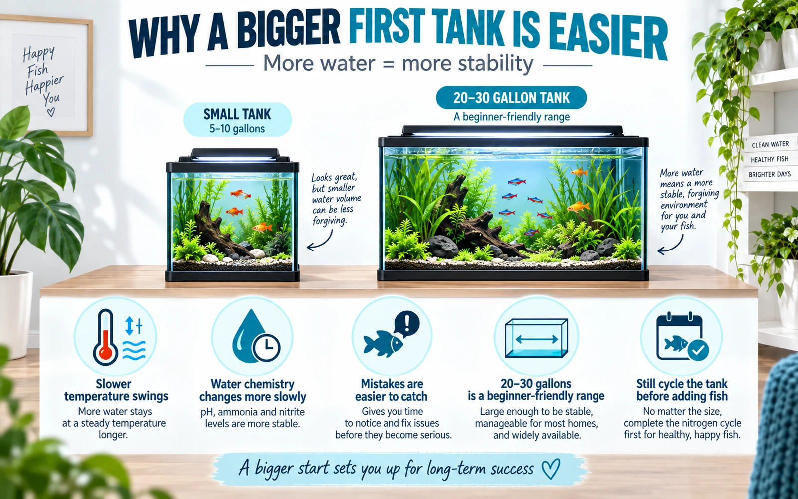Infographic showing why a larger beginner aquarium is easier to keep stable, including slower parameter swings and more forgiving maintenance.