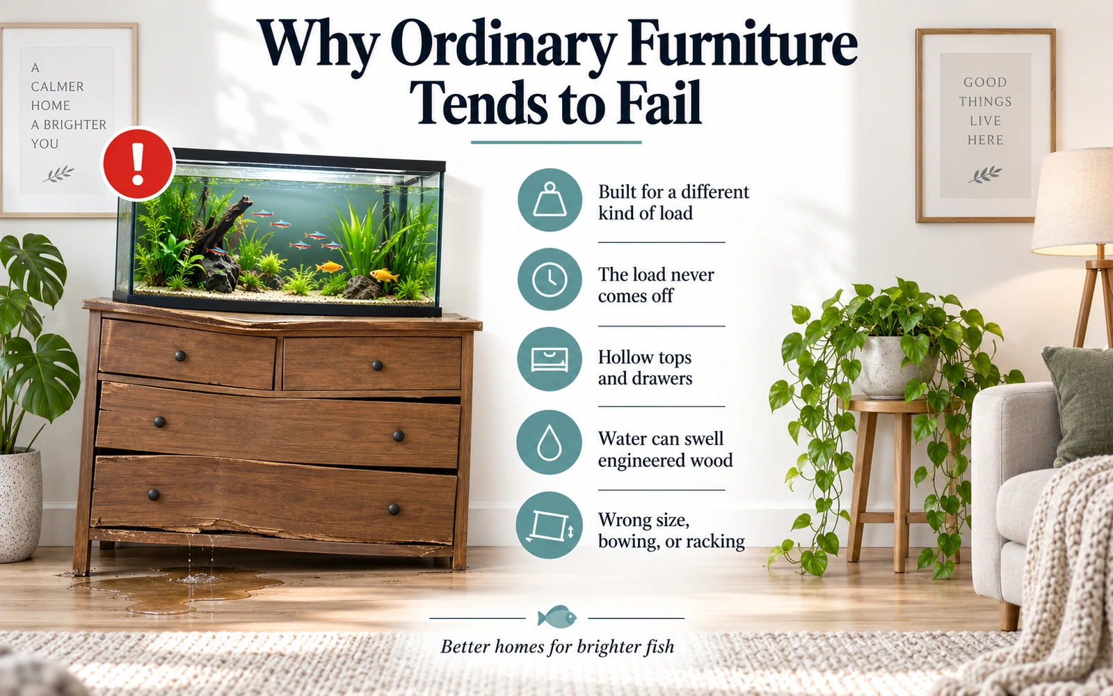 Infographic explaining why household furniture such as dressers often fails under aquariums, including continuous load, hollow construction, water damage and bowing.