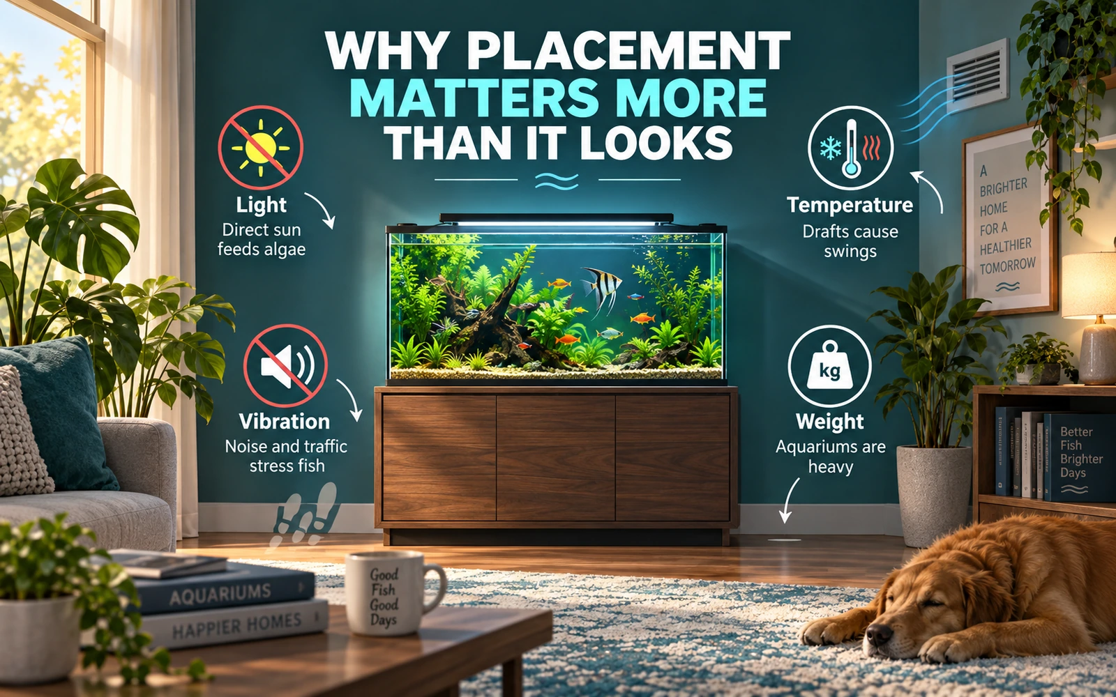 Infographic explaining how light, temperature, vibration and weight make aquarium placement more important than it first appears.