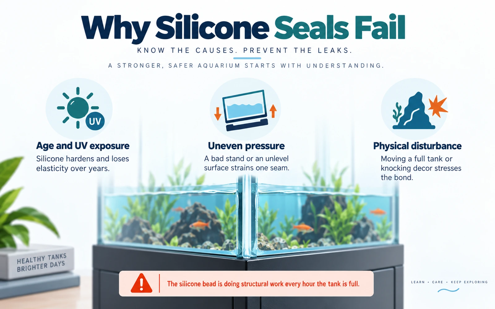 Infographic explaining why aquarium silicone seals fail, including age and UV exposure, uneven pressure from poor support, and physical disturbance.