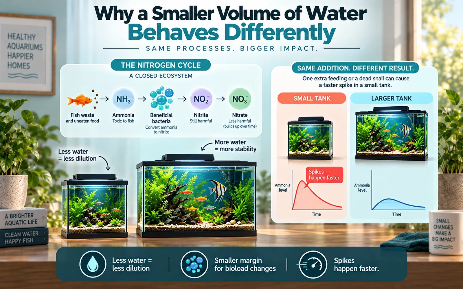 Infographic explaining the nitrogen cycle and why the same added waste causes faster ammonia spikes in a smaller aquarium than in a larger one.