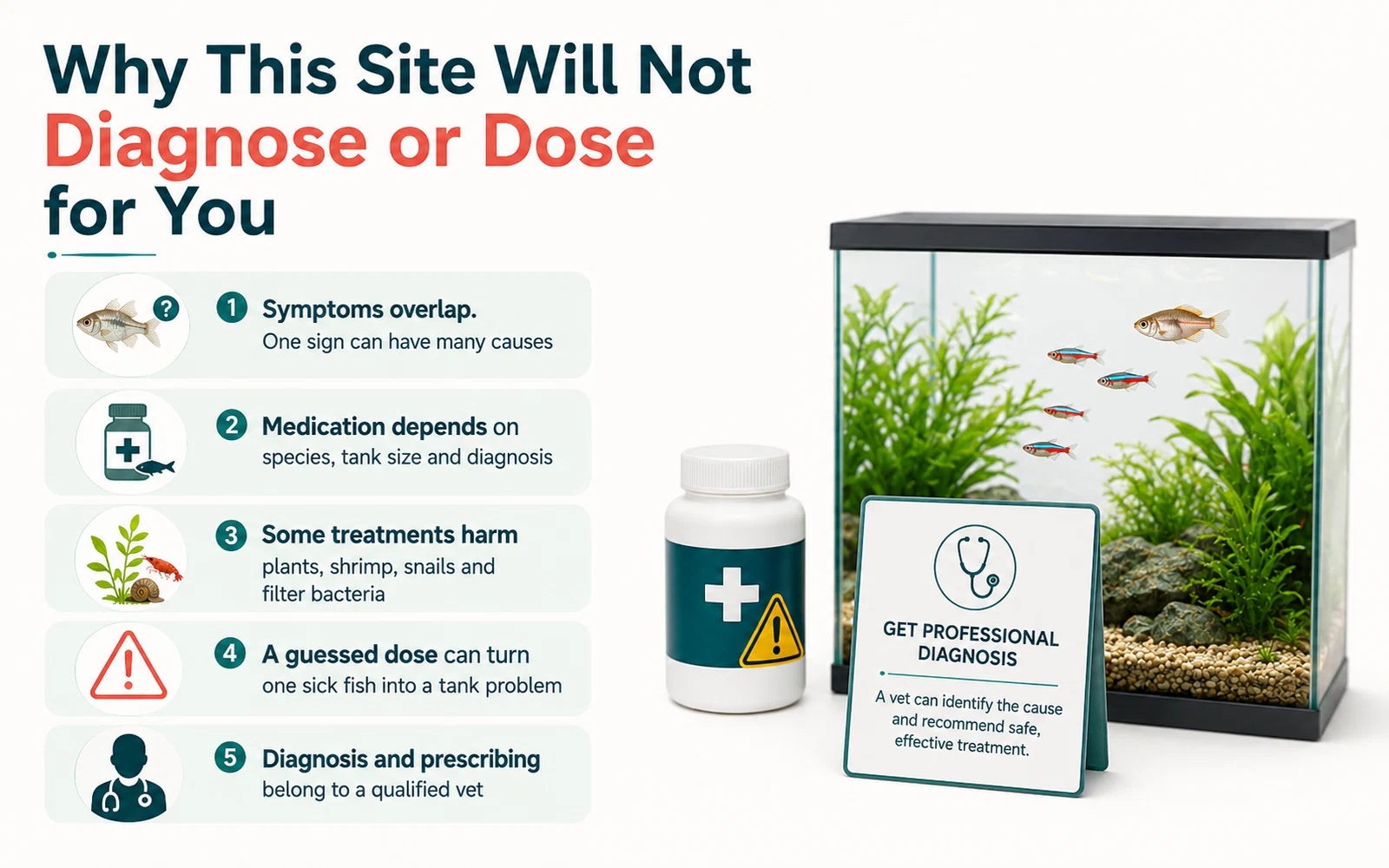 Infographic explaining why aquarium advice should not diagnose disease from a photo or give medication doses without seeing the fish and tank.